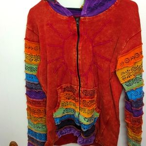 Bohemian Rainbow Embroidered Hooded Jacket 100% Cotton Made in Nepal